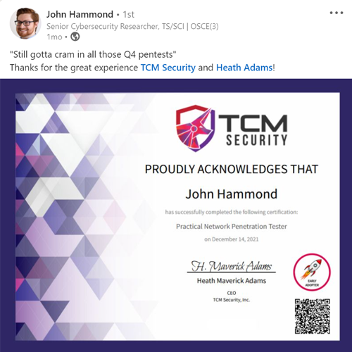 John Hammond Achieved His PNPT Certification