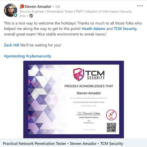 Steven Amador PNPT Certification Holder